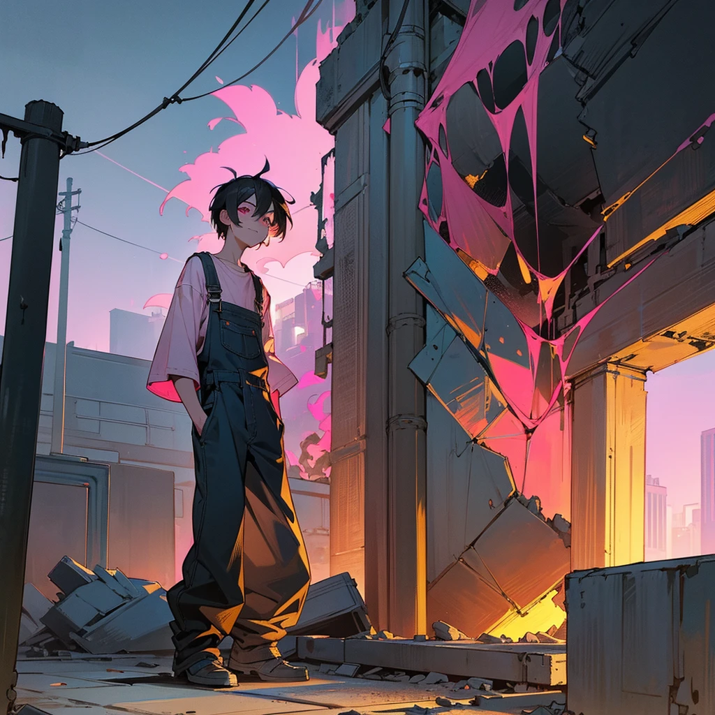 1male, adult, finely detailed pink eyes, messy short hair, black hair, enginer clothing, baggy pants, overalls, standing on ruined building, night time, happy expression, muscular, goggles