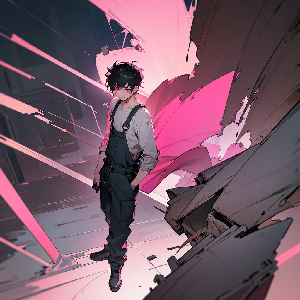 1male, adult, finely detailed pink eyes, messy short hair, black hair, enginer clothing, baggy pants, overalls, standing on ruined building, night time, happy expression, muscular, goggles