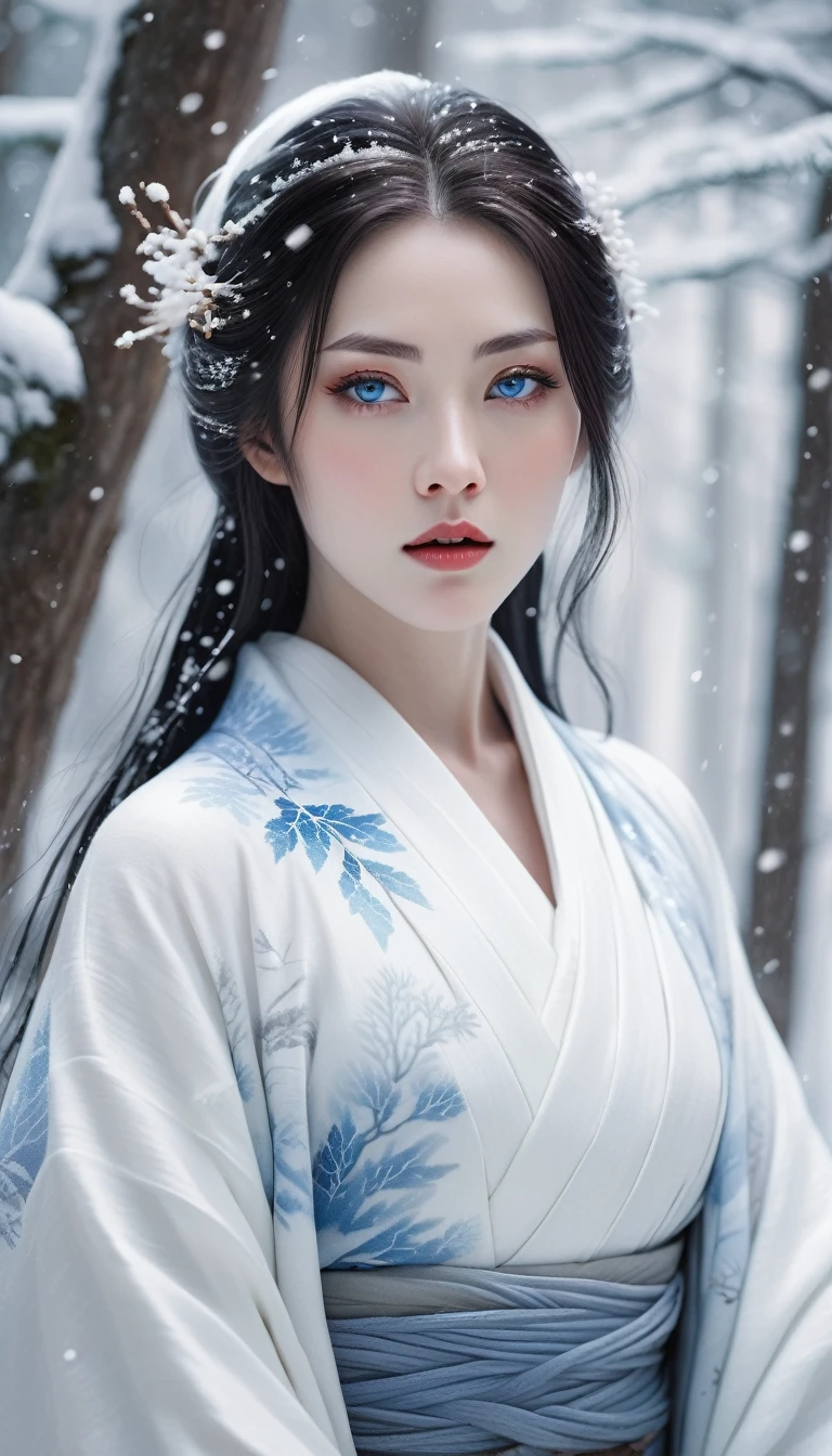 Yuki-onna, mythical creature, Japanese folklore, pale skin, flowing white kimono, ethereal beauty, icy blue eyes, snow-covered forest background, mystical aura, serene expression, photorealistic style, detailed textures, realistic lighting, high definition, winter atmosphere, cultural essence.