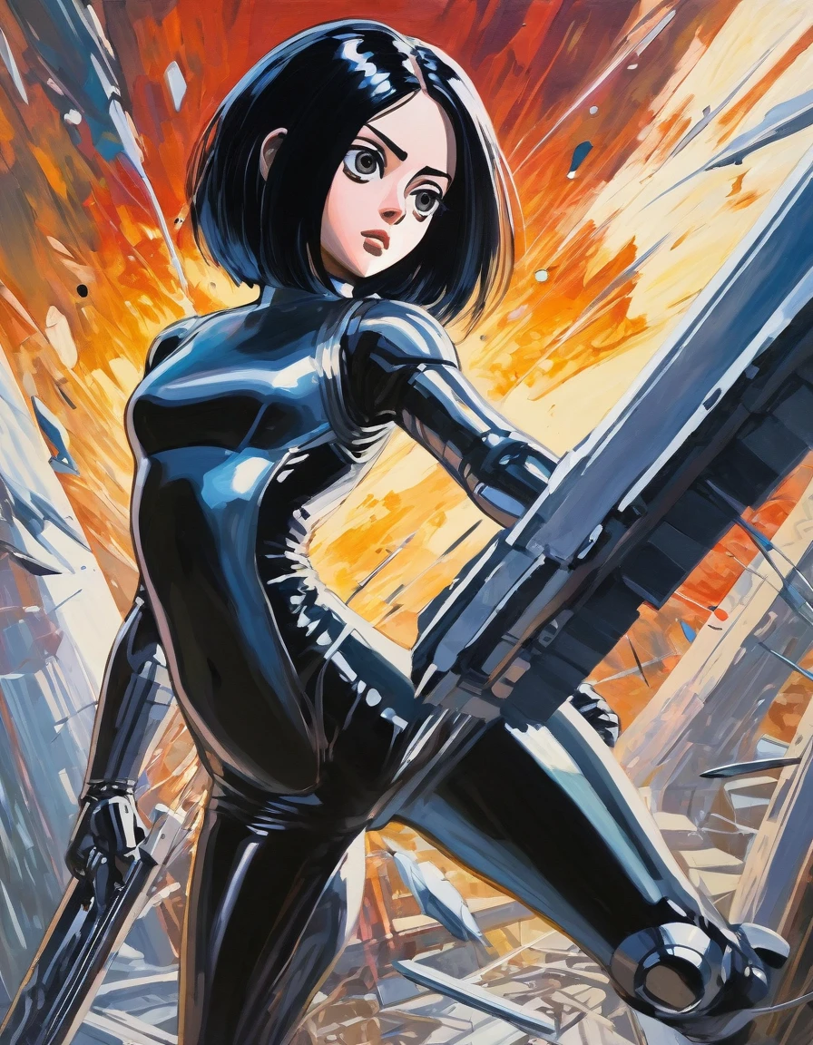 Alita character, action scene(inspired by art by Yukito Kishiro). oil painting)