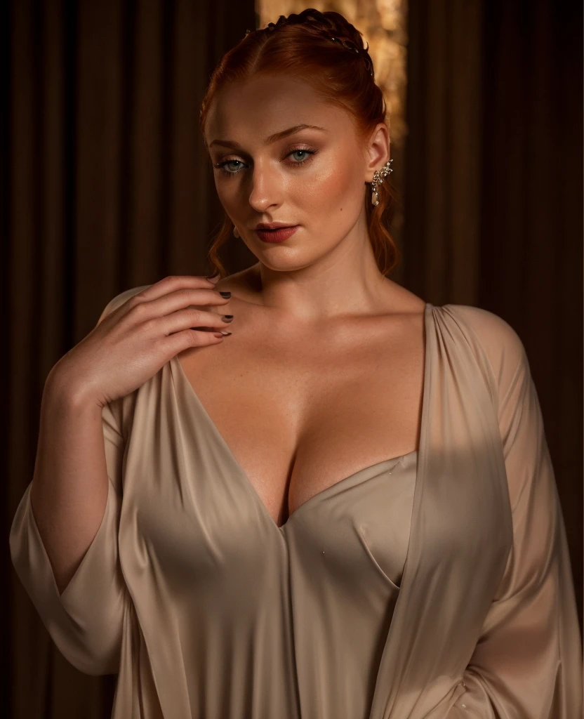 Face of Sophie Turner, Sansa Stark played by Sophie Turner, the de facto Lady of the Eyrie, is a 40-year-old mature queen with a stunning, alluring appearance. Full Face, Full figured woman, pierced eyes, reddish lips, upper body shot, erotic Mediaeval costumes, game of thrones costumes, She wears a Game of Thrones-inspired costume and has a deep cleavage, a perfect thick body, and a perfect thick figure. The photograph captures her in a close-up, with her skin texture and facial features being ultra-realistic and realistic. Juicy thick figure, high quality skin, Skin pores, amazing details, snow, snow flakes, semi realistic, extremely detailed eyes, dark moody orange and black settings, cool environment, artificial intelligence