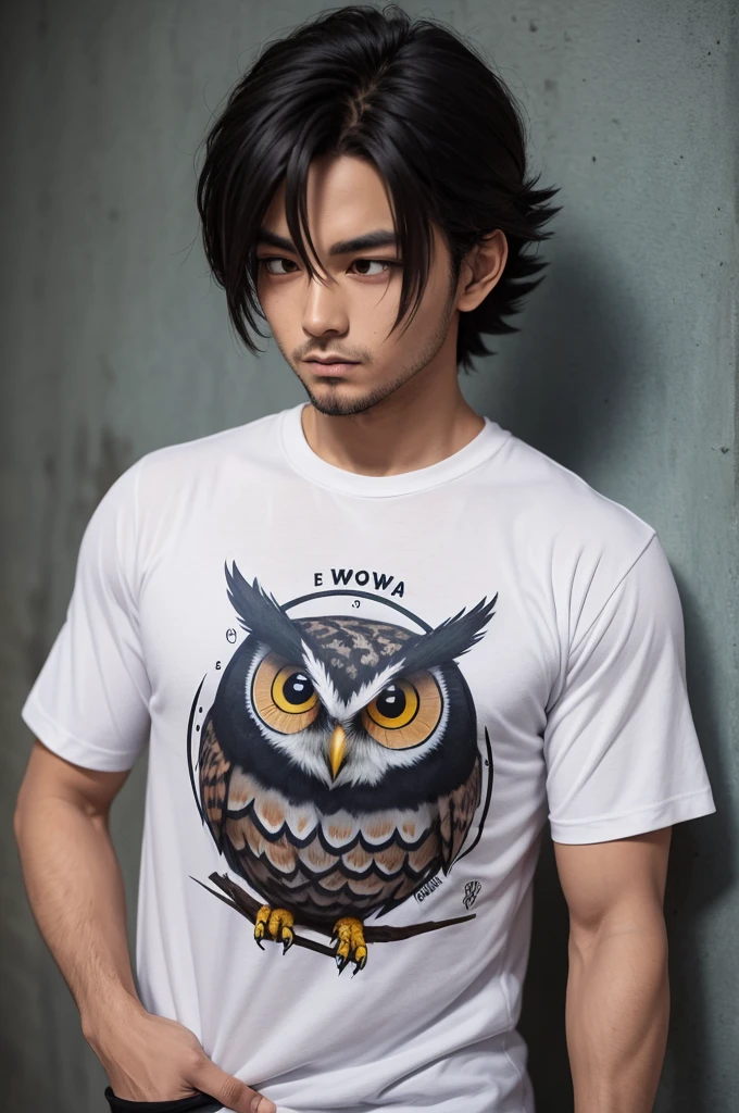 Desenha o Goku com uma camiseta preta escrito "Team Coruja" and an owl sketch on the writing side.