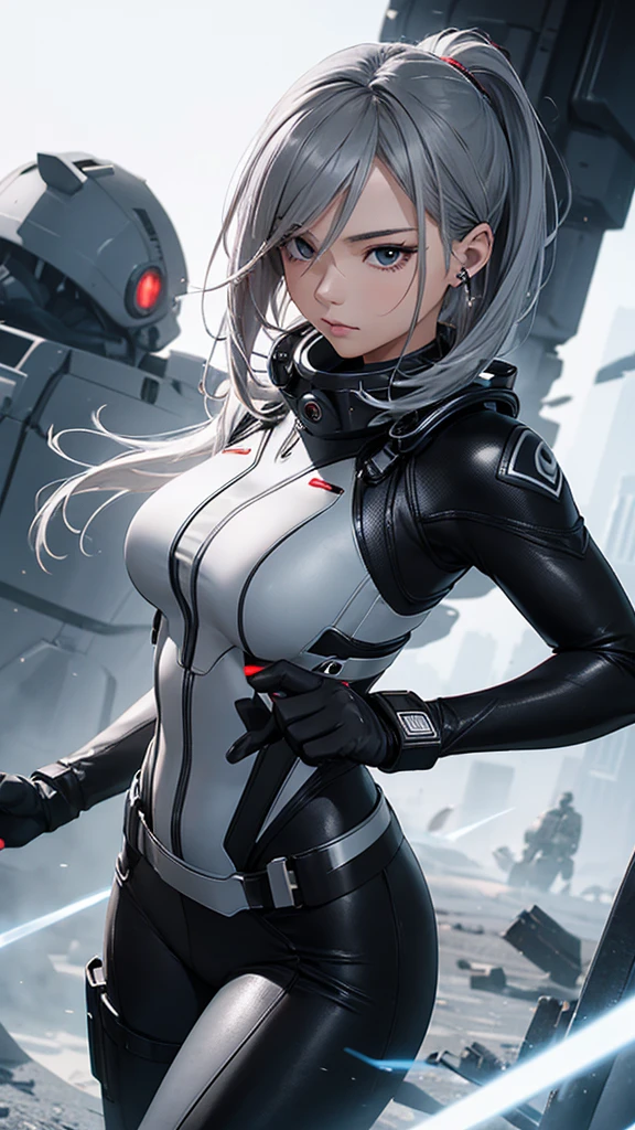 random angle close portrait, brush drawing image, beautiful Thai female teen, aged 20, dynamic fighting action pose with grey advanced sci-fi shooter, advanced black earbuds, medium-long straight light grey hair with forelock, glossy white slim fit sci-fi stand collar diving suit with 3/4 grey sleeves, slim fit sci-fi glossy black pants with weapons holster on thighs, black shoulders and arms armour, black gloves, grey smoke explode, white background, 8k resolution