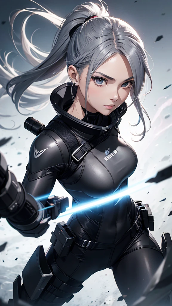 random angle close portrait, brush drawing image, beautiful Thai female teen, aged 20, dynamic fighting action pose with grey advanced sci-fi shooter, advanced black earbuds, medium-long straight light grey hair with forelock, glossy white slim fit sci-fi stand collar diving suit with 3/4 grey sleeves, slim fit sci-fi glossy black pants with weapons holster on thighs, black shoulders and arms armour, black gloves, grey smoke explode, white background, 8k resolution