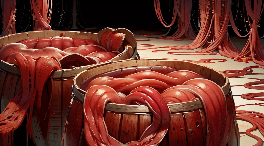 wooden barrels filled with human intestines,  ((intestines)), blood, AnatomicTech
blood vessels, gore, horror, 