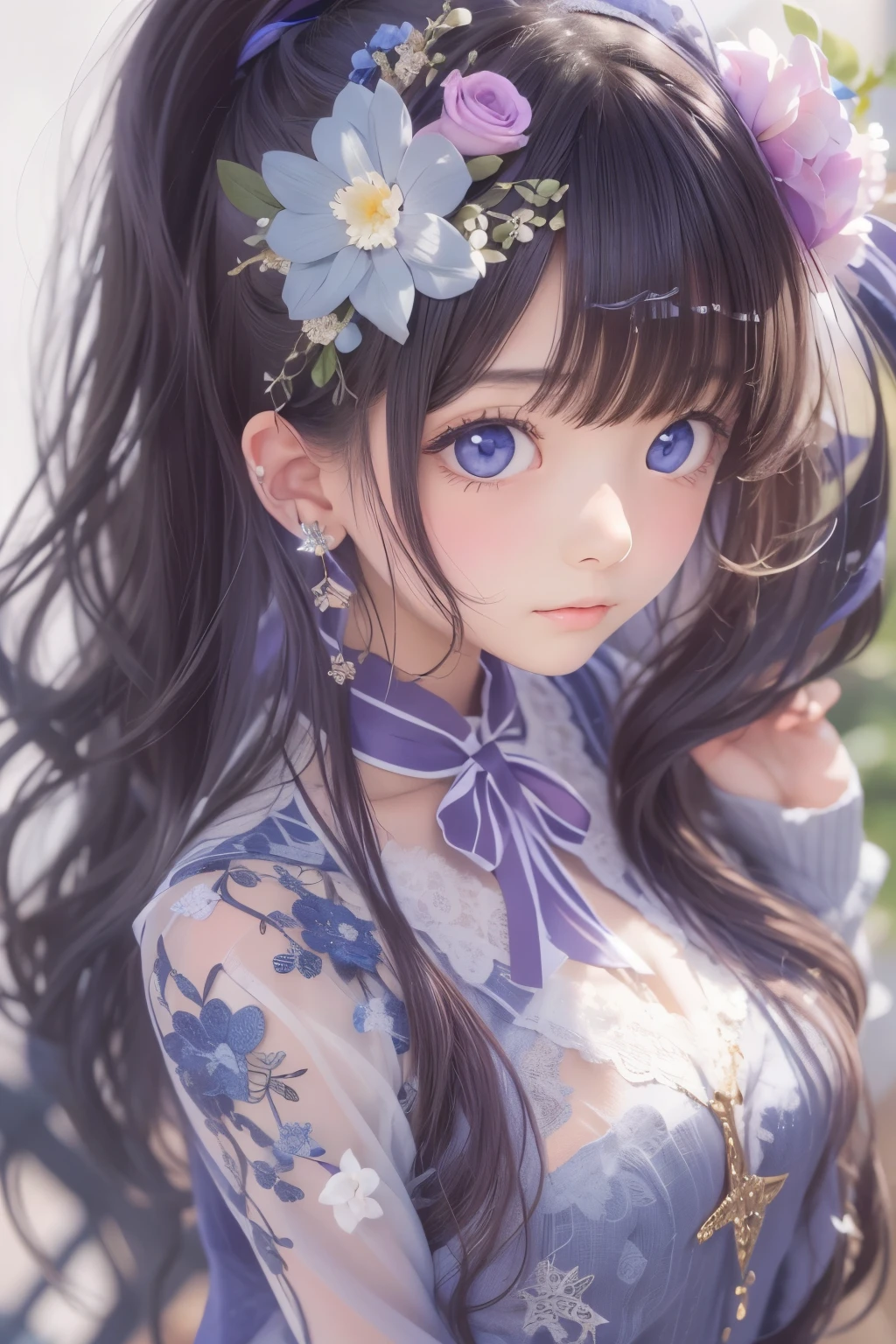 masterpiece, Highest quality, Highly detailed shape,1 Girl,alone, Image body, flower, Looking at the audience, , , Purple eyes, Jewel-like eyes, Very beautiful eyes, Highly detailed face,, , star (null), star座, Purple Energy, handrail, 流star、Shiny, straight, long hair down to the waist, Beautiful shiny bangs、