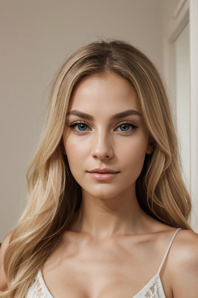 Create a hyper-realistic image of a blonde female model. She has long, wavy blonde hair that cascades around her shoulders. Her skin is fair and shows the natural signs of aging, with fine lines and wrinkles on her forehead, around her eyes, and near her mouth. Her almond-shaped blue eyes are framed by long, dark eyelashes and finely arched eyebrows. She has high cheekbones, a straight, delicate nose, and full, softly pink lips that display slight vertical lines. Her expression is serene and confident, reflecting a blend of wisdom and beauty