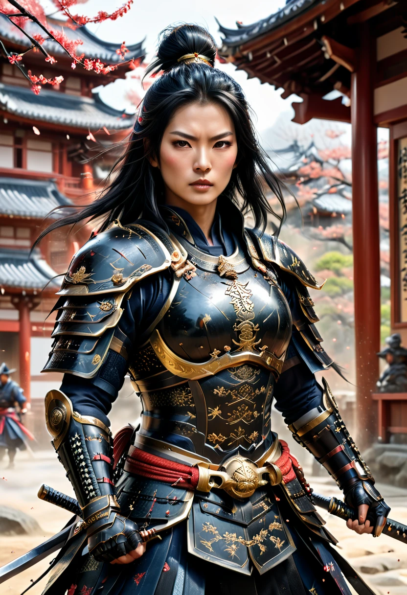 a picture of Japanese female samurai, she has long black hair, wearing niji armor, armed with a katana, ready for battle, dynamic angle,, Japanese fantasy art, Japanese temple background, (Masterpiece: 1.5), 16k, highres, best quality, high details, ultra detailed, masterpiece, best quality, (extremely detailed), arafed, dnd art, 