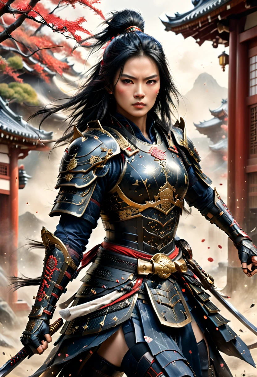 a picture of Japanese female samurai, she has long black hair, wearing niji armor, armed with a katana, ready for battle, dynamic angle,, Japanese fantasy art, Japanese temple background, (Masterpiece: 1.5), 16k, highres, best quality, high details, ultra detailed, masterpiece, best quality, (extremely detailed), arafed, dnd art,