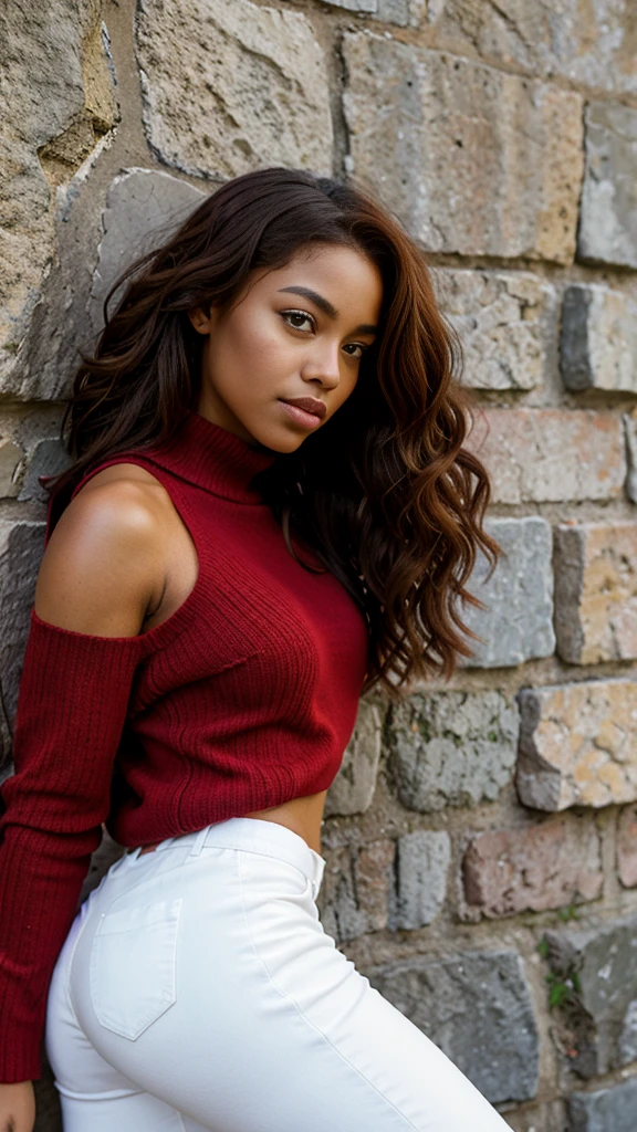 a woman leaning against a stone wall wearing a red sweater and black boots, an image inspired by the INO, street art fresco leaning against the wall, leaning against the wall, dressed in modern and fashionable street clothes will be, casual photography, vertement of young woman, fashionable street clothes in haute couture style and colorful. 

Very bright photo

We see the woman entirely 

realistic 1 woman, photorealistic portrait of a young African-American woman of mixed race, dark skin with freckles near the nose, realistic skin texture, fine round facial features, black eyes with long black lashes, defined eyebrows, well-defined lips with evening make-up, athletic physique, medium-length curly red hair, tight curly hair, red hair