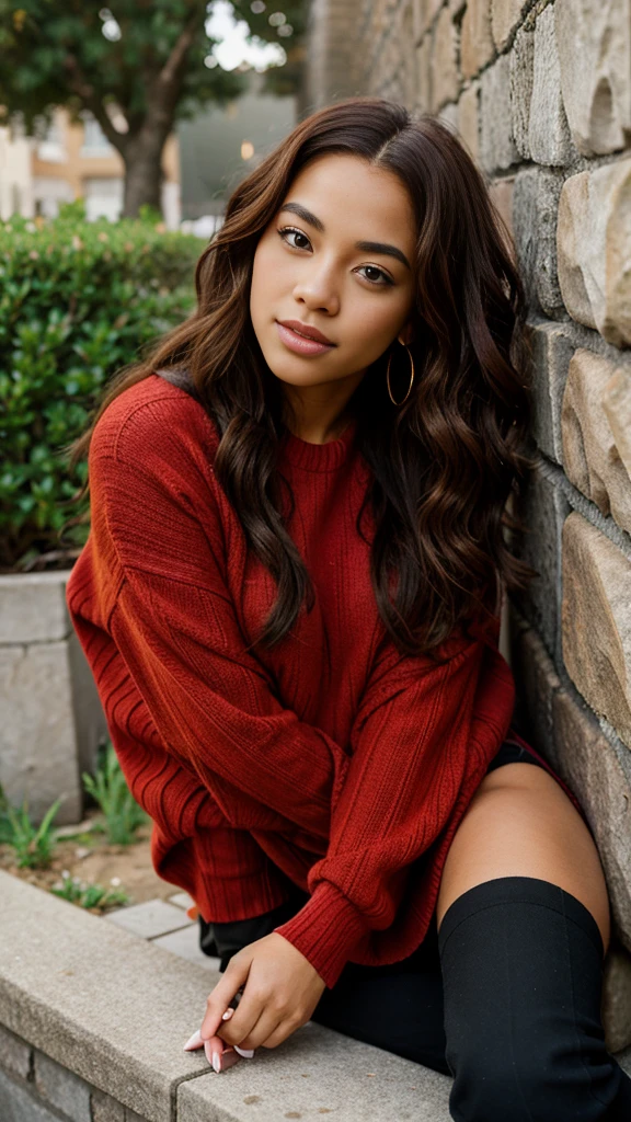 a woman leaning against a stone wall wearing a red sweater and black boots, an image inspired by the INO, street art fresco leaning against the wall, leaning against the wall, dressed in modern and fashionable street clothes will be, casual photography, vertement of young woman, fashionable street clothes in haute couture style and colorful. 

Very bright photo

We see the woman entirely 

realistic 1 woman, photorealistic portrait of a young African-American woman of mixed race, dark skin with freckles near the nose, realistic skin texture, fine round facial features, black eyes with long black lashes, defined eyebrows, well-defined lips with evening make-up, athletic physique, medium-length curly red hair, tight curly hair, red hair