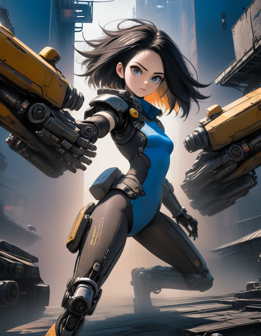 A detailed portrait of Alita, a cyberpunk girl with mechanical arms, in an apocalyptic futuristic setting, inspired by the art of Yukito Kishiro, realistic, photorealistic, ultra-detailed, masterpiece, 8k, best quality, hyperrealistic, highly detailed, cinematic lighting, dramatic composition, dramatic lighting, tones of blue and orange, atmospheric, moody, intense, powerful, dynamic pose, mechanical arms, cyberpunk, post-apocalyptic, futuristic, oil painting, Yukito Kishiro style