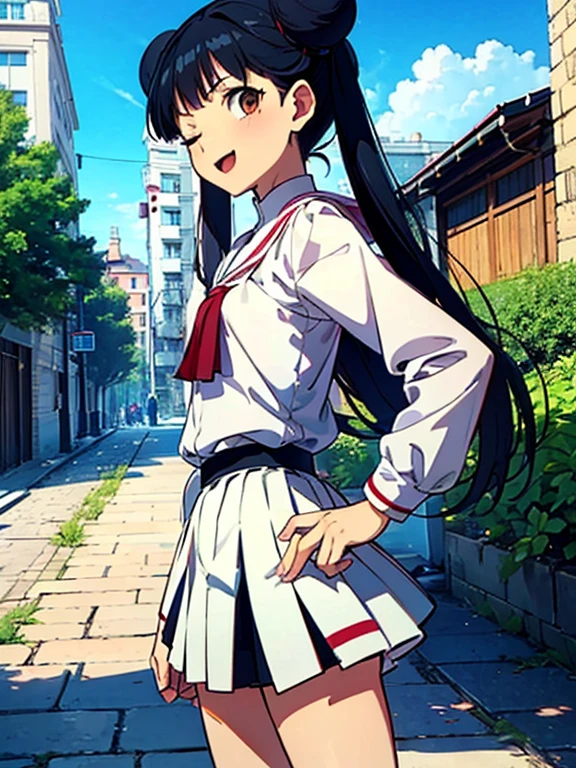 (((masterpiece))) ( Background : outdoor theme : bright : crowded cuty ) ( character : meiling : long smooth hair : fit body : lolicon : small breast : innocent smile : wearing ), one eye closed, , hair bun, black hair, , twintails, double bun, long hair, open mouth, hand on hip, brown eyes, pleated skirt,, white sailor collar, white skirt, bangs,, looking at viewer,