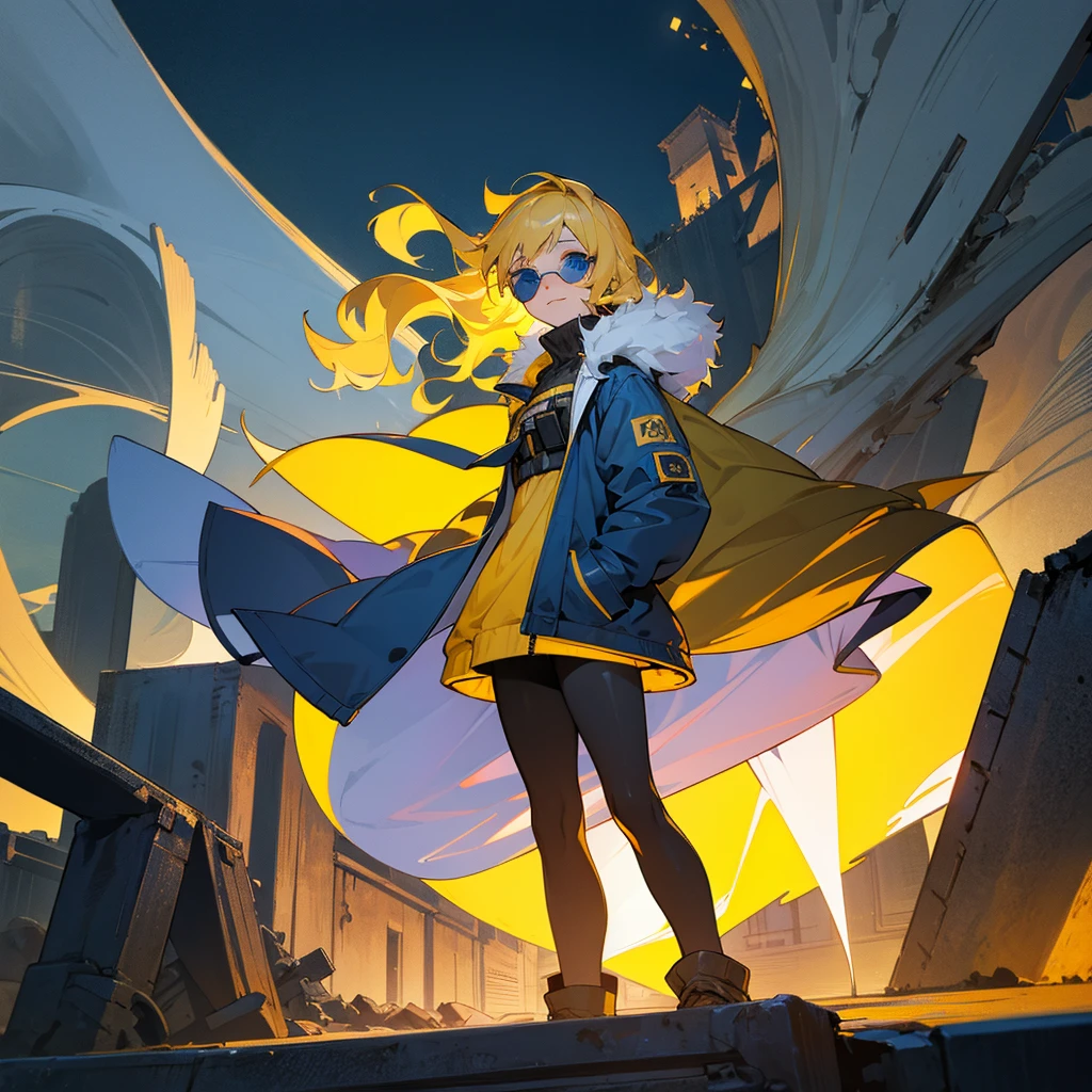 1female, adult, finely detailed blue eyes, wavy medium hair, yellow hair, fur puffer jacket, standing on ruined building, night time, happy expression, sunglasses