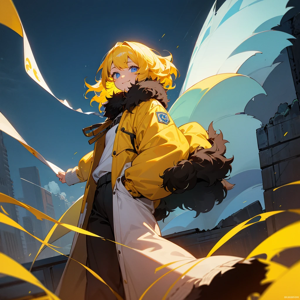 1female, adult, finely detailed blue eyes, wavy medium hair, yellow hair, fur puffer jacket, standing on ruined building, night time, happy expression, sunglasses