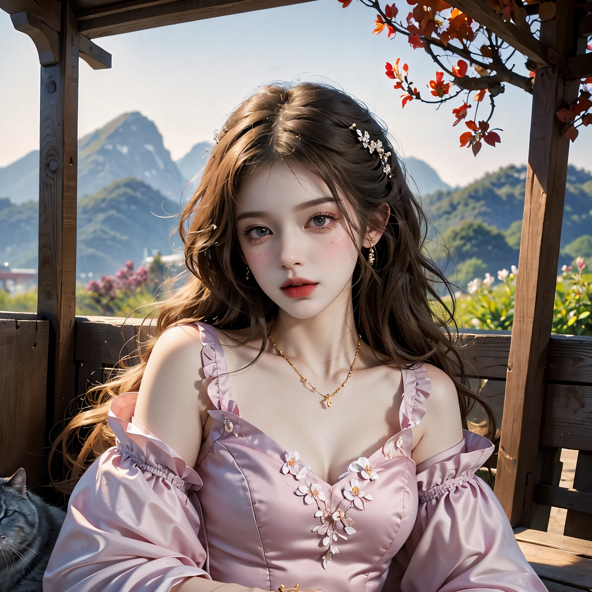 Masterpiece, Best quality, high resolution, realistic , hyperrealism , lifelike photography ,2024s, , alluring beautiful full body shot, (curly blondish brunette long hair, blue cat-shaped eyes), white skin with freckles, beautiful period dress with flower embroidery and details , beautiful golden necklaces & bracelets, elegant bearing, beautiful landscape background of a rose & lilac & orchid garden, high budget , beautiful mesmerizing face and small nose, long and curly sparkling hair , holding a beautiful orange stray cat , clivage , sunset , pink clouds , yellowish red rays at the horizon, elegant posing, beautiful legs, fit body, gorgeous Russian woman sitting on a park bench, back shot, side shot , front shot