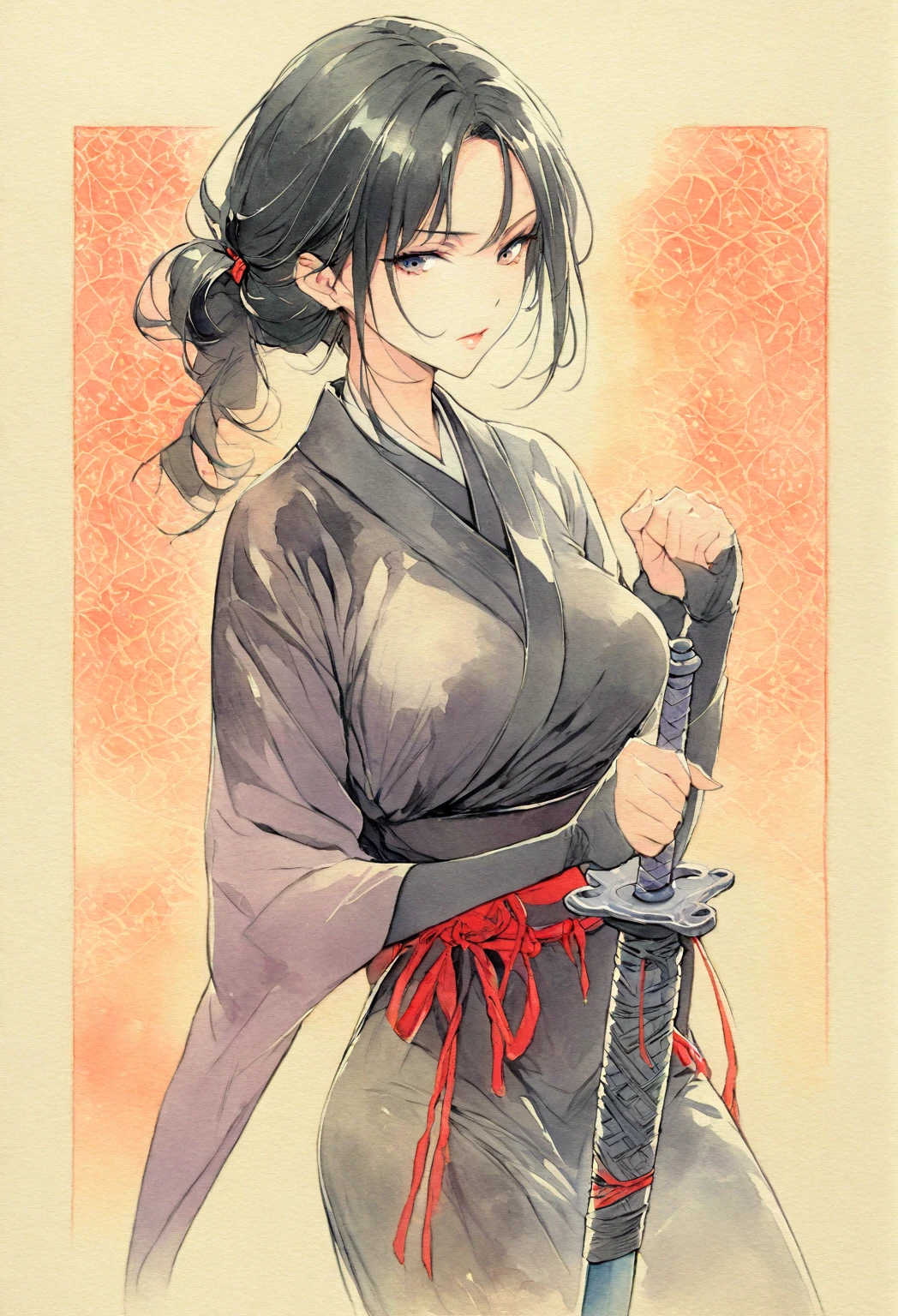 masterpiece, Best quality, Drawing of a black-haired futuristic female ninja illustration, watercolor (medium), 1girl, breast, Dressed in sophisticated modern ninja costumes，Equipped with traditional and technological weapons. She has long black hair，Tied with a red ribbon and a symbol。She must be wearing a high-end black outfit with red accents，These include letters. She holds a dagger，The hilt and scabbard have intricate patterns. The background is the Edo period, Five fingers, Right fist.
