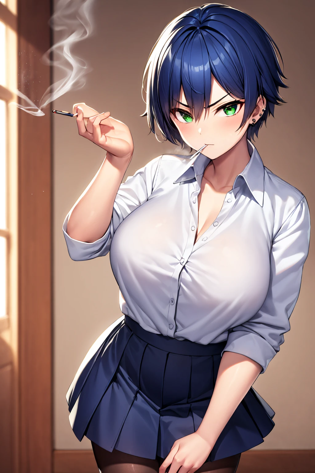 Ultra-high resolution、Ultra HD、8k,Realistic、tomboy、Boyish Girl、Big Breasts、tsurime,White blouse、White dress shirt、Large Breasts、blue-hair、very-short-hair,green-eyes,Black mini skirt、black-pantyhose,angry、White shirt with collar、Ear Piercing、smoking-a-cigarette、Put a cigarette in your mouth、smoking、blue-hair,smoking