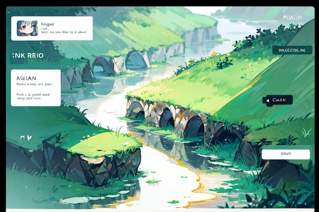 (8k analog photo,magical landscape:1.2), stone bridge over creek,lush greenery,pastel colors,studio ghibli style,alone bridge,small bridge,