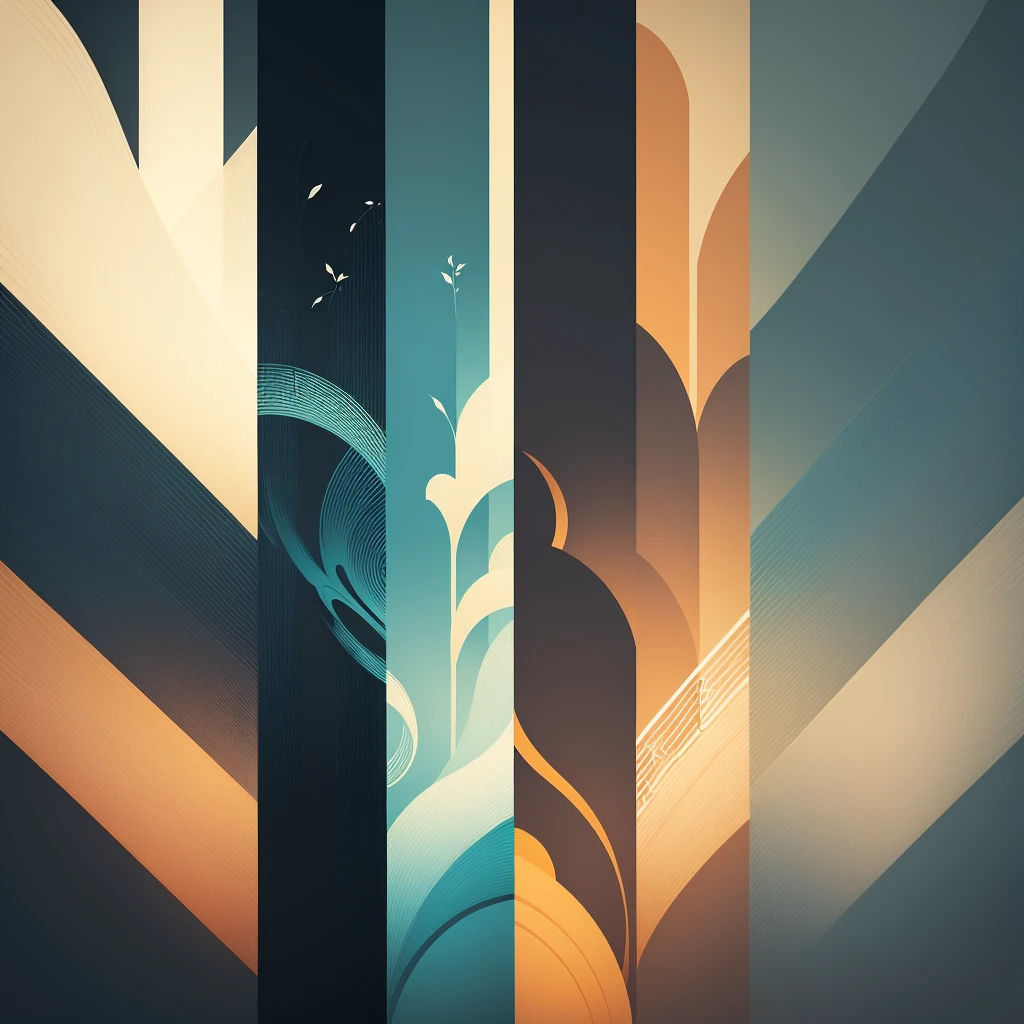 Bamboo, Chinese landscape, abstract paintings, Zen, Amy Sol style, With a cover art of light abstraction, Simple vector art, Contemporary Chinese art, Gradient of color, Soft color palette, layered forms, Whimsical animation, The style is ethereal and abstract