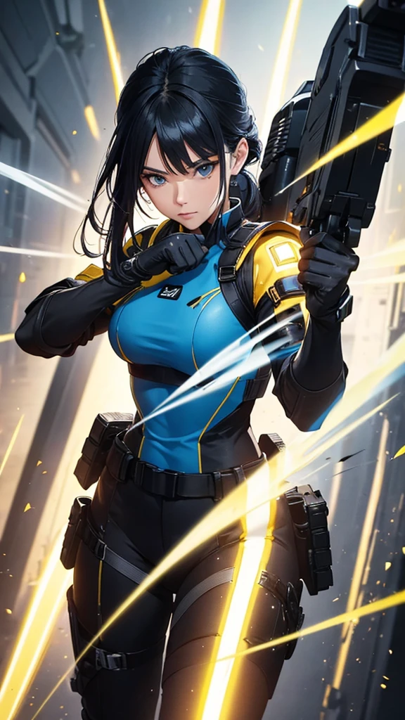 random angle close portrait, brush drawing image, beautiful Thai female , aged 20, dynamic fighting action pose with blue advanced sci-fi shooter, long straight black hair with blue highlight forelock, slim fit sci-fi patterns glossy white-blue camisole, black shoulders armour, brown nylon legs with yellow weapons holster on thighs, black-yellow sci-fi low boots, blue sleeves, black gloves, blue smoke explode, white background, 8k resolution