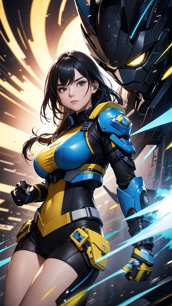 random angle close portrait, brush drawing image, beautiful Thai female teen, aged 20, dynamic fighting action pose with blue advanced sci-fi shooter, long straight black hair with blue highlight forelock, slim fit sci-fi patterns glossy white-blue camisole, black shoulders armour, brown nylon legs with yellow weapons holster on thighs, black-yellow sci-fi low boots, blue sleeves, black gloves, blue smoke explode, white background, 8k resolution 