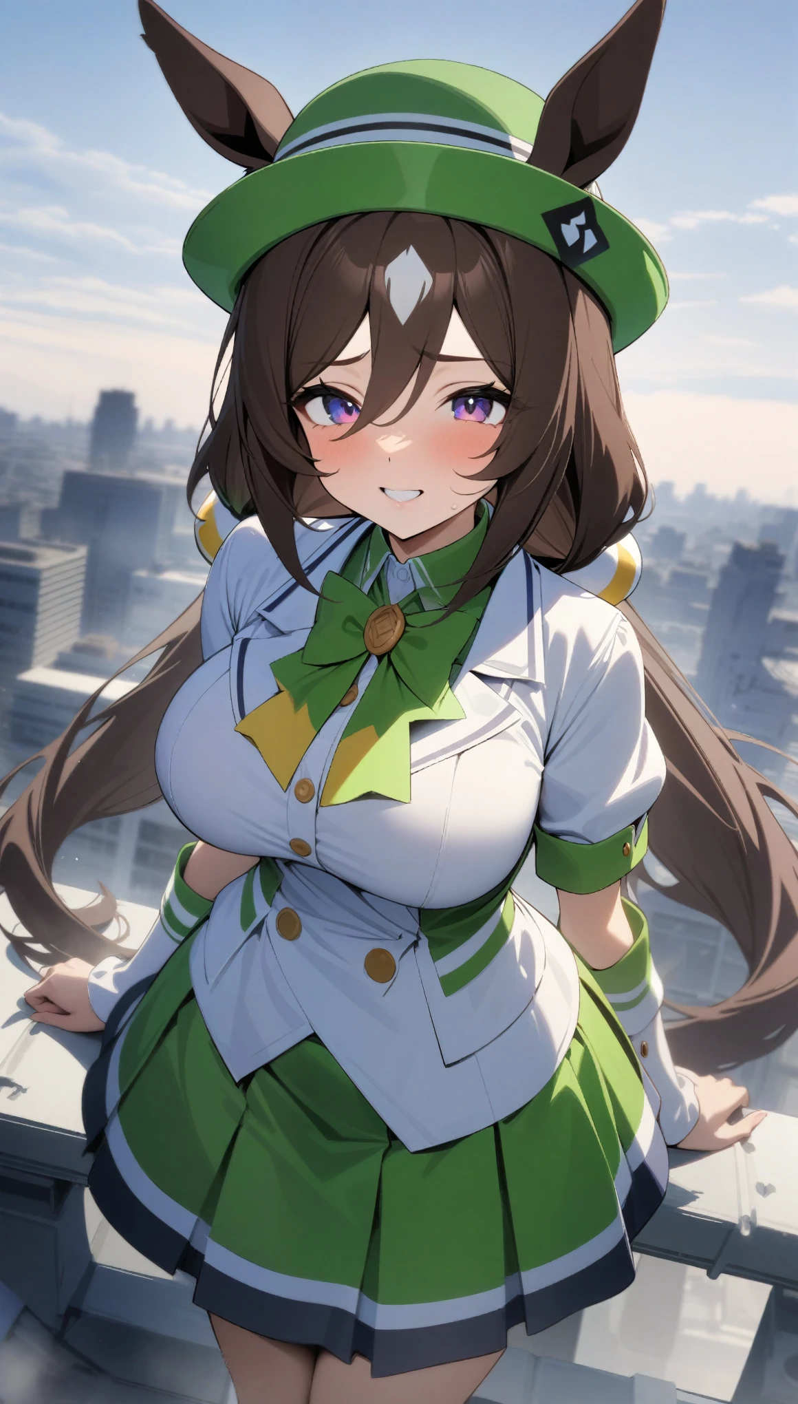 masterpiece, best quality, very aesthetic, absurdres, newest,,,1girl, hayakawa tazuna, umamusume, hat, long hair, animal ears, horse ears, horse girl, brown hair, shirt, bow, green headwear, skirt
,front view,on the rooftop of a tall building