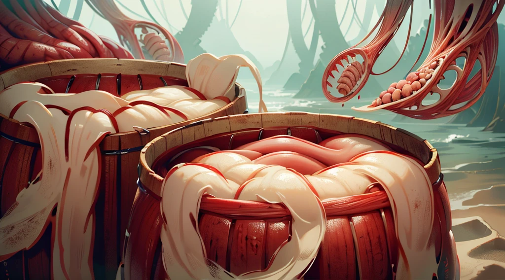wooden barrels filled with human intestines, ((intestines)), blood, AnatomicTech
blood vessels, gore, horror, sand ground,