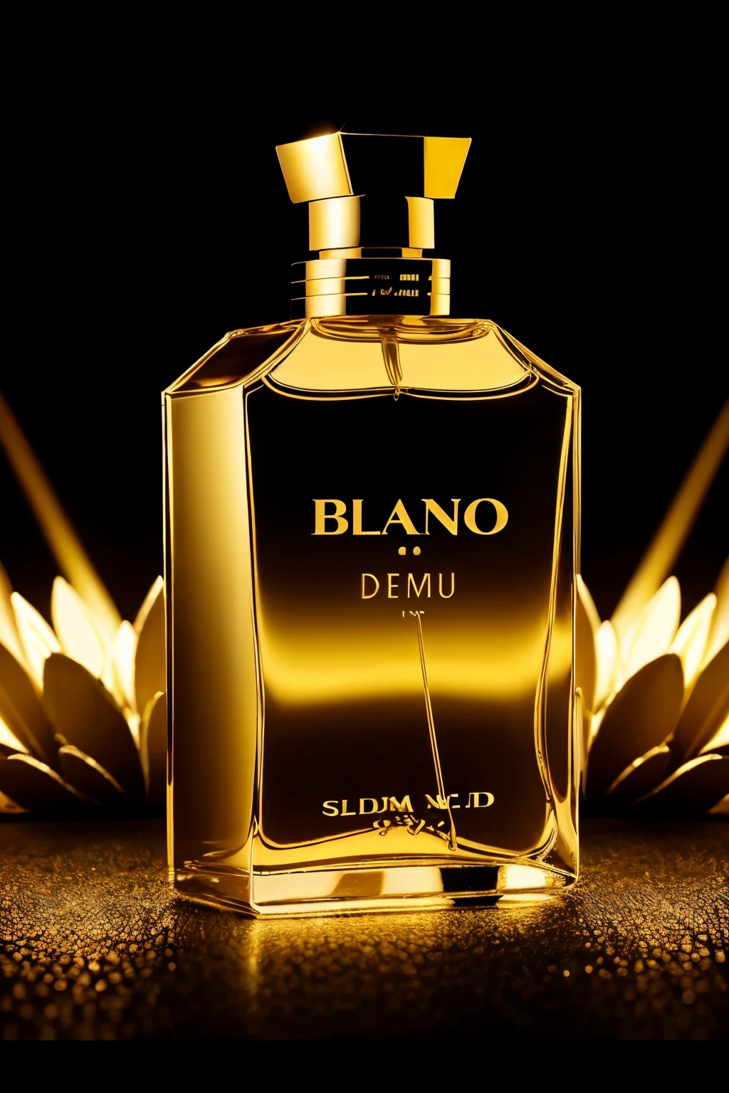 I own a perfume brand. My perfume brand's name is DEJAVOO PERFUME and it's banding design like golden words with black background. Can you generate a bottle image.