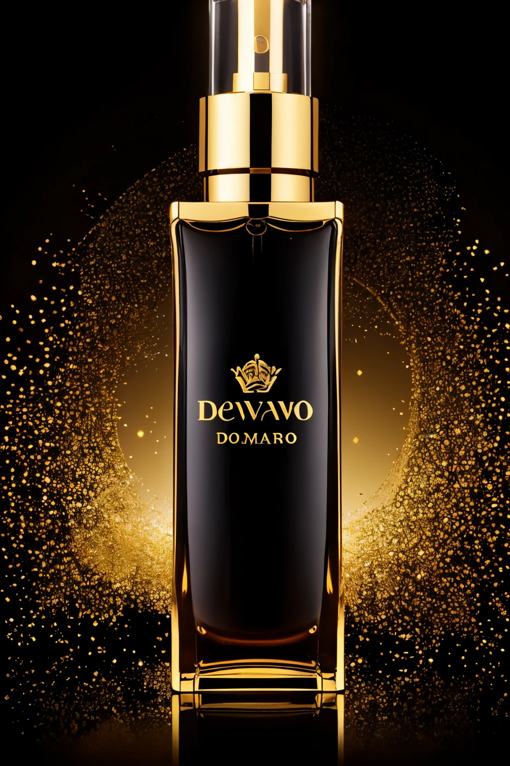 I own a perfume brand. My perfume brand's name is DEJAVOO PERFUME and it's banding design like golden words with black background. Can you generate a bottle image.