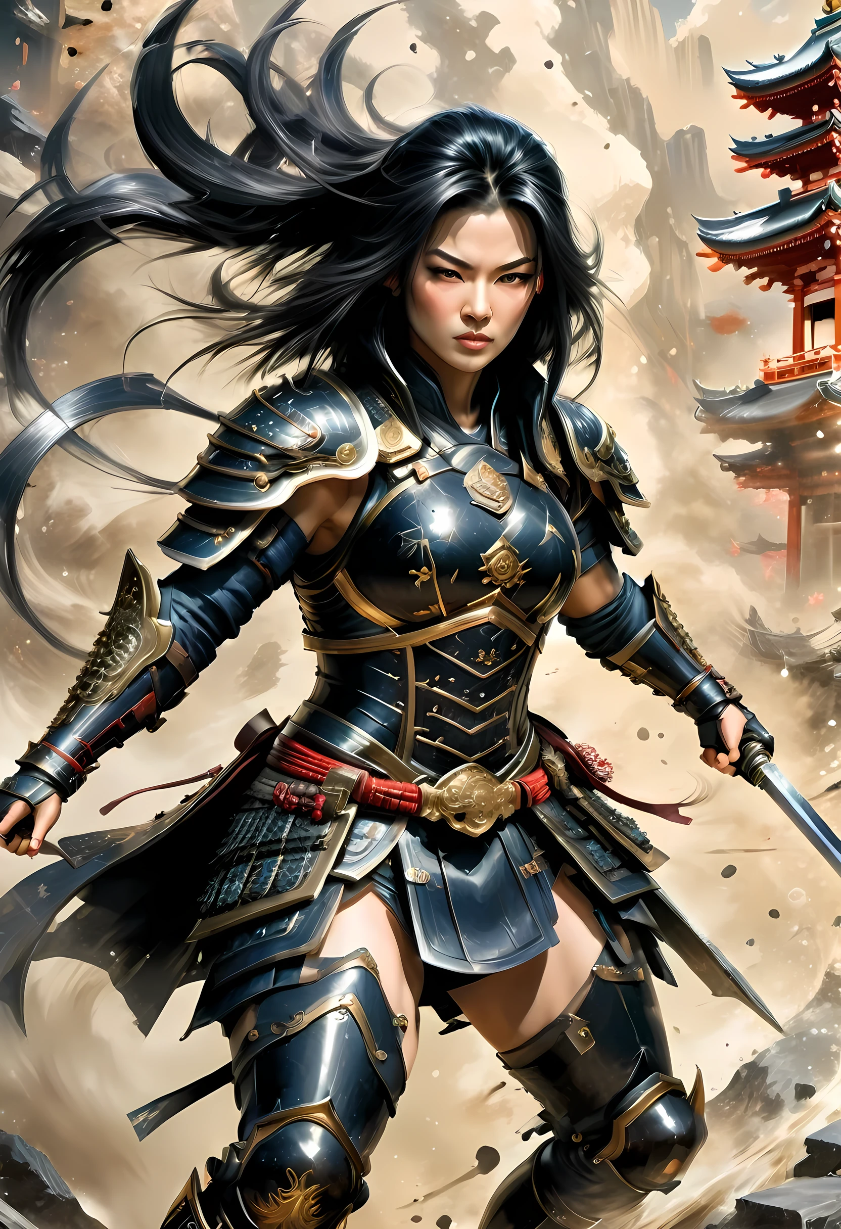 a picture of Japanese female samurai, she has long black hair, wearing niji armor, armed with a katana, ready for battle, dynamic angle,, Japanese fantasy art, Japanese temple background, (Masterpiece: 1.5), 16k, highres, best quality, high details, ultra detailed, masterpiece, best quality, (extremely detailed), arafed, dnd art,