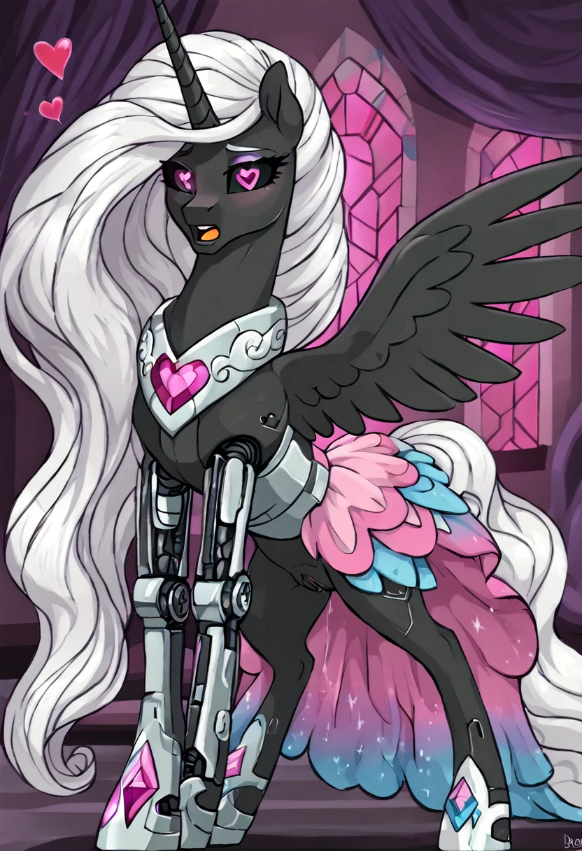 Alicorn , white mane,light blue cybernetic eyes, cybernetic body,black sclera ,black body color  long flowing  mane princess pony pink heart eyes , gala dress princess dick inside pussy moaning ,drolling 