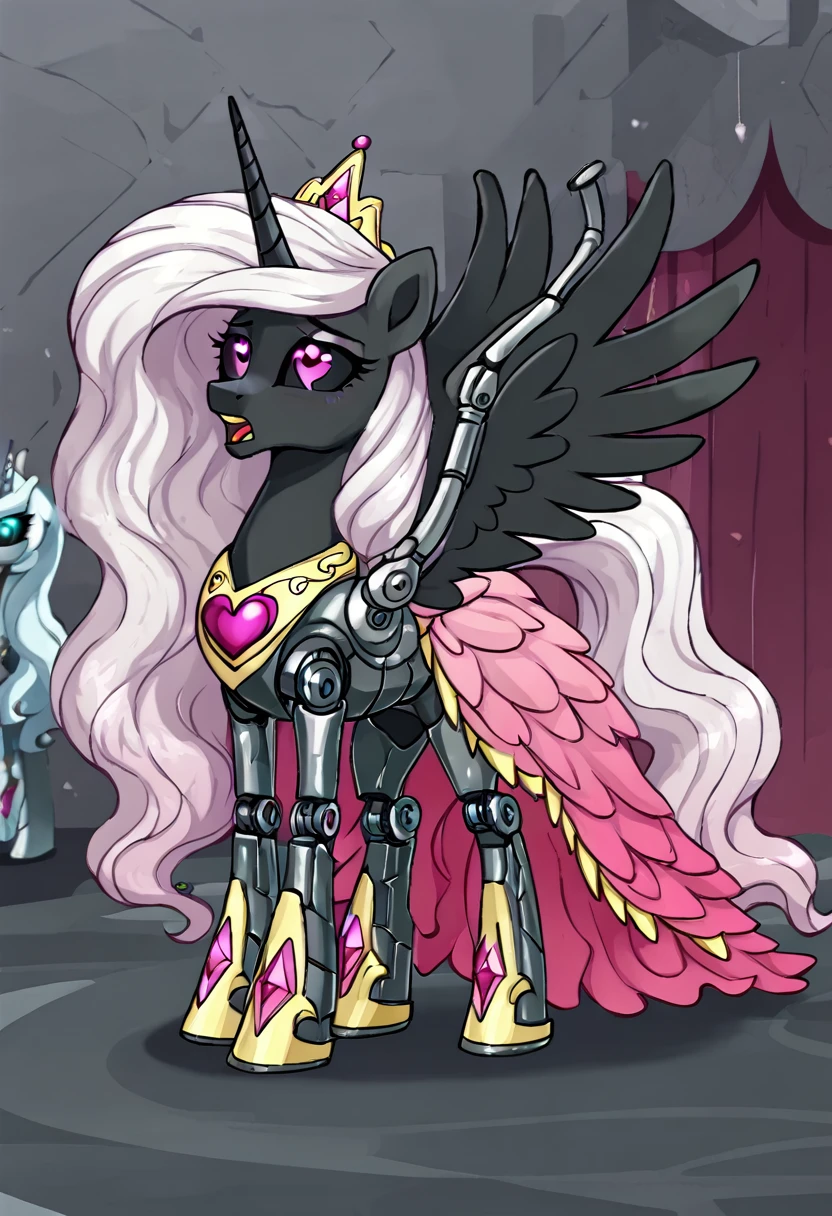 Alicorn , white mane,light blue cybernetic eyes, cybernetic body,black sclera ,black body color  long flowing  mane princess pony pink heart eyes , gala dress princess dick inside pussy moaning ,drolling 