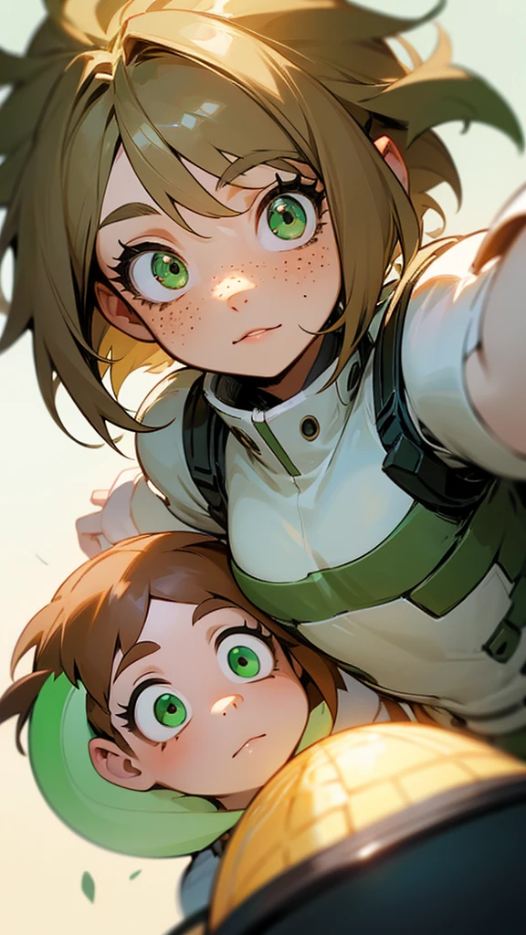 A girl with short fluffy light brown hair with light green eyes with freckles and long eyelashes Buko no hero academia style Hero costume
