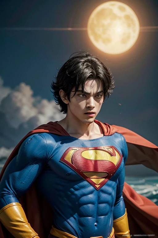 criar uma imagem hibrida da fusao do goku com o super man que tenha caracteristicas dos dois personargens