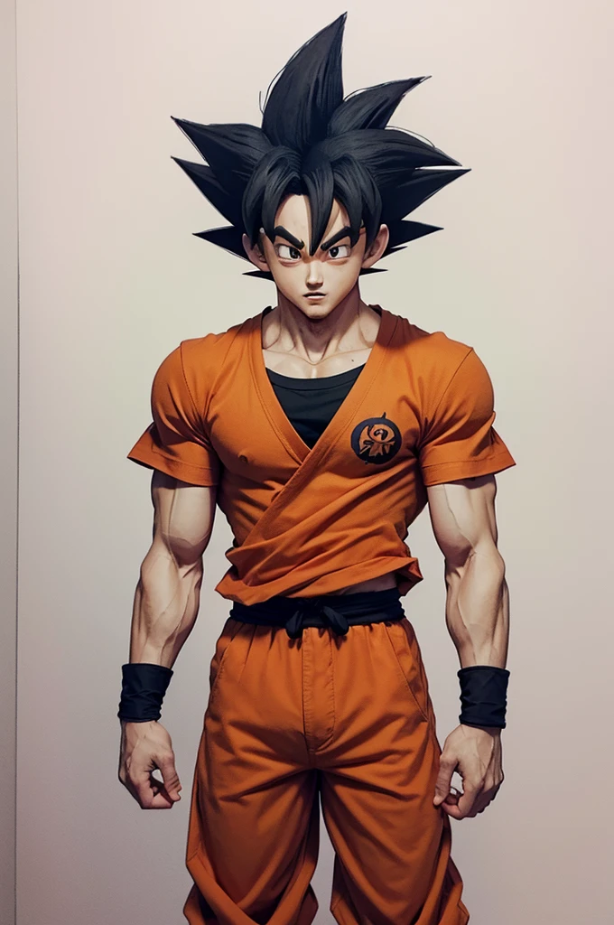 Draw Goku with his red pants, and a black fitted t-shirt with an owl sketch drawn on the t-shirt.
