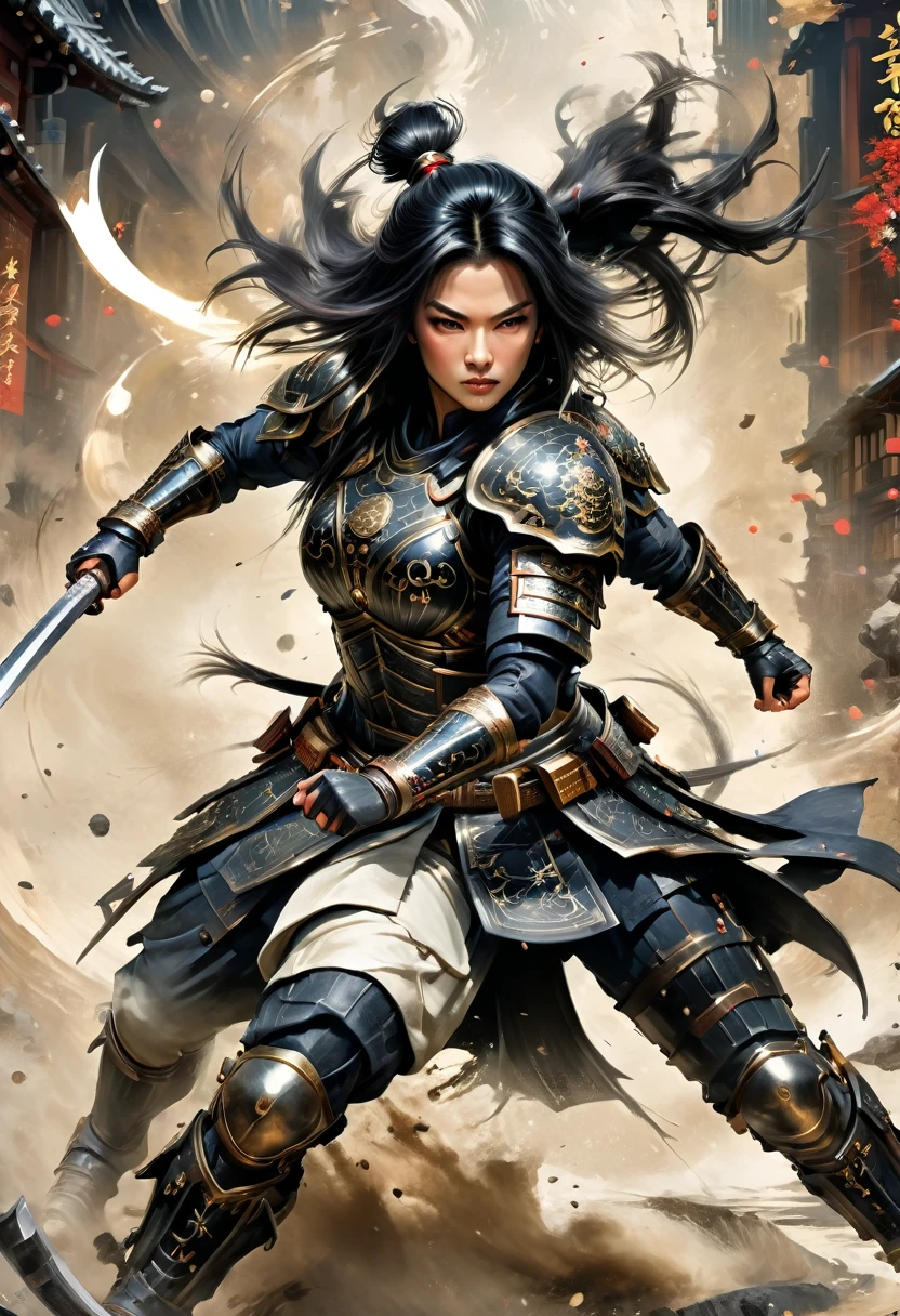 a picture of Japanese female samurai, she has long black hair, wearing niji armor, armed with a katana, ready for battle, dynamic angle, full budy, Japanese fantasy art, Japanese temple background, (Masterpiece: 1.5), 16k, highres, best quality, high details, ultra detailed, masterpiece, best quality, (extremely detailed), arafed, dnd art, 