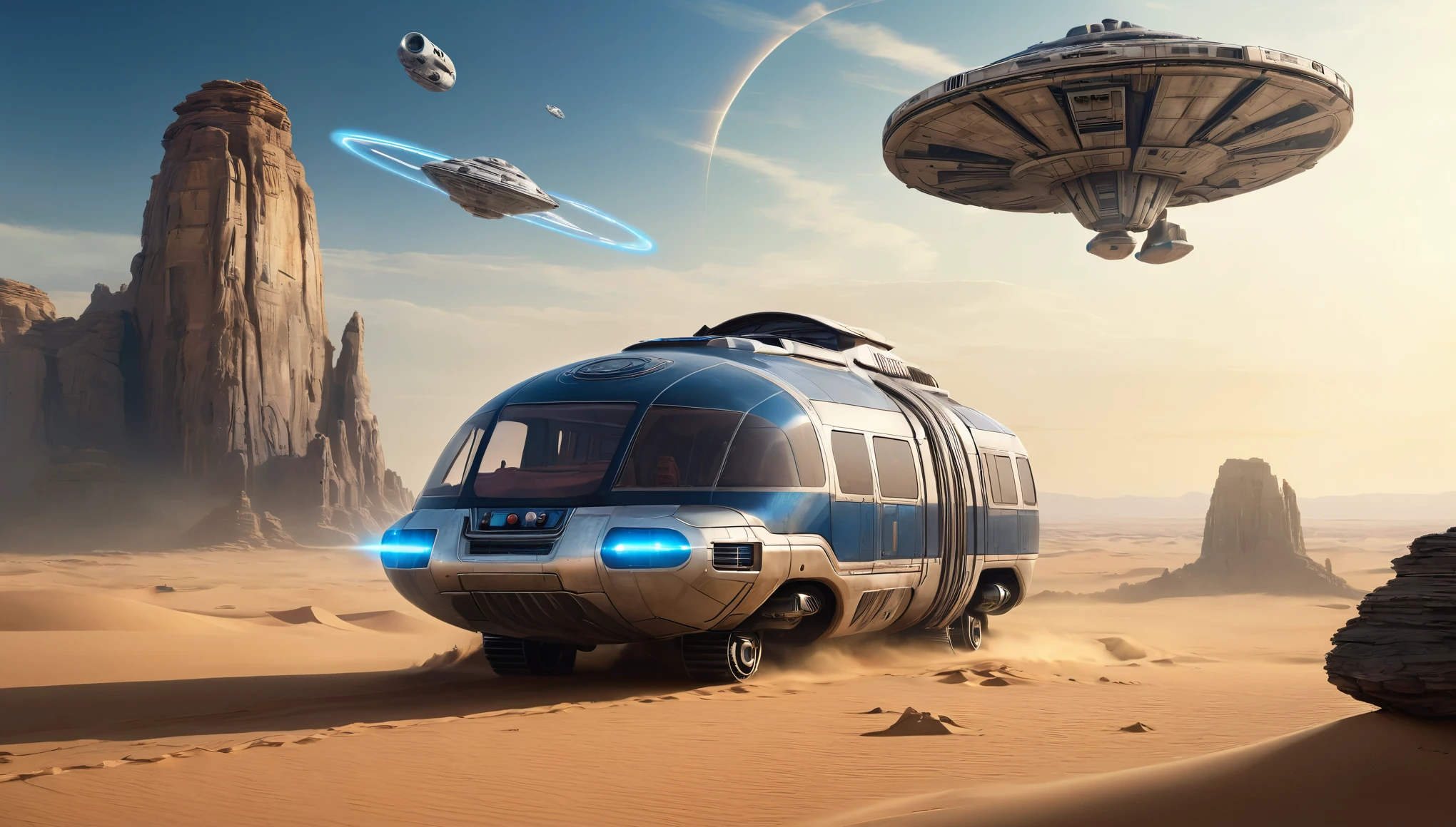 “In a desert landscape beneath a vast sky, towering rock formations rise. The iconic Star Wars Millennium Falcon flies overhead. In the foreground, a large, futuristic bus-like vehicle is parked on the sandy terrain. Saturn-like rings adorn the sky, adding a surreal touch. Include the ‘Star Wars,Camera angle: The camera is positioned at a slightly upward angle, capturing the grandeur of the rock formations and the vastness of the sky. Lighting: The sun is setting, creating warm, golden light that bathes the landscape. Shadows cast by the rocks are elongated. Millennium Falcon details: The Millennium Falcon is flying toward the horizon, with its rear thrusters emitting a characteristic blue glow. Details like laser cannons and the ship’s panels should be visible. Futuristic vehicle: The vehicle parked in the foreground has large windows and an aerodynamic design. It may have retractable wheels or float slightly above the ground. Saturn-like rings: The translucent rings resembling those of Saturn extend across the sky, creating a magical effect. Sand texture: The desert sand has a granulated texture, with small dunes formed by the wind.hyper realistic composition,32k resolution,cinematic composition,cinematic color grading.photography whit Phaseone 35mm,death of field lens.