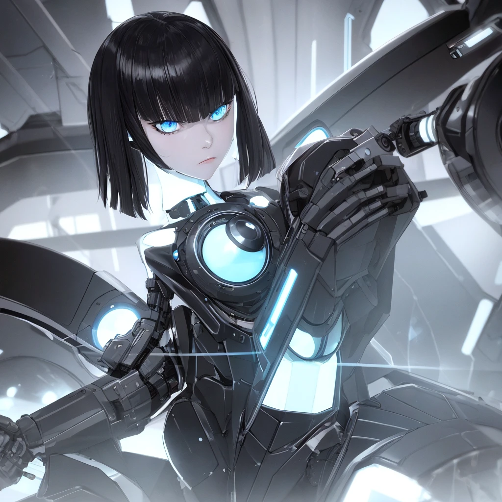 a girl with a full black robotic body, featuring sleek and high-tech components. She has short black hair, blue eyes, and an angry expression. She wears a robot mask that partially covers her face, blending seamlessly with her polished mechanical limbs and torso. The subtle lights and mechanical joints of her body enhance the contrast between her human-like features and her robotic form.