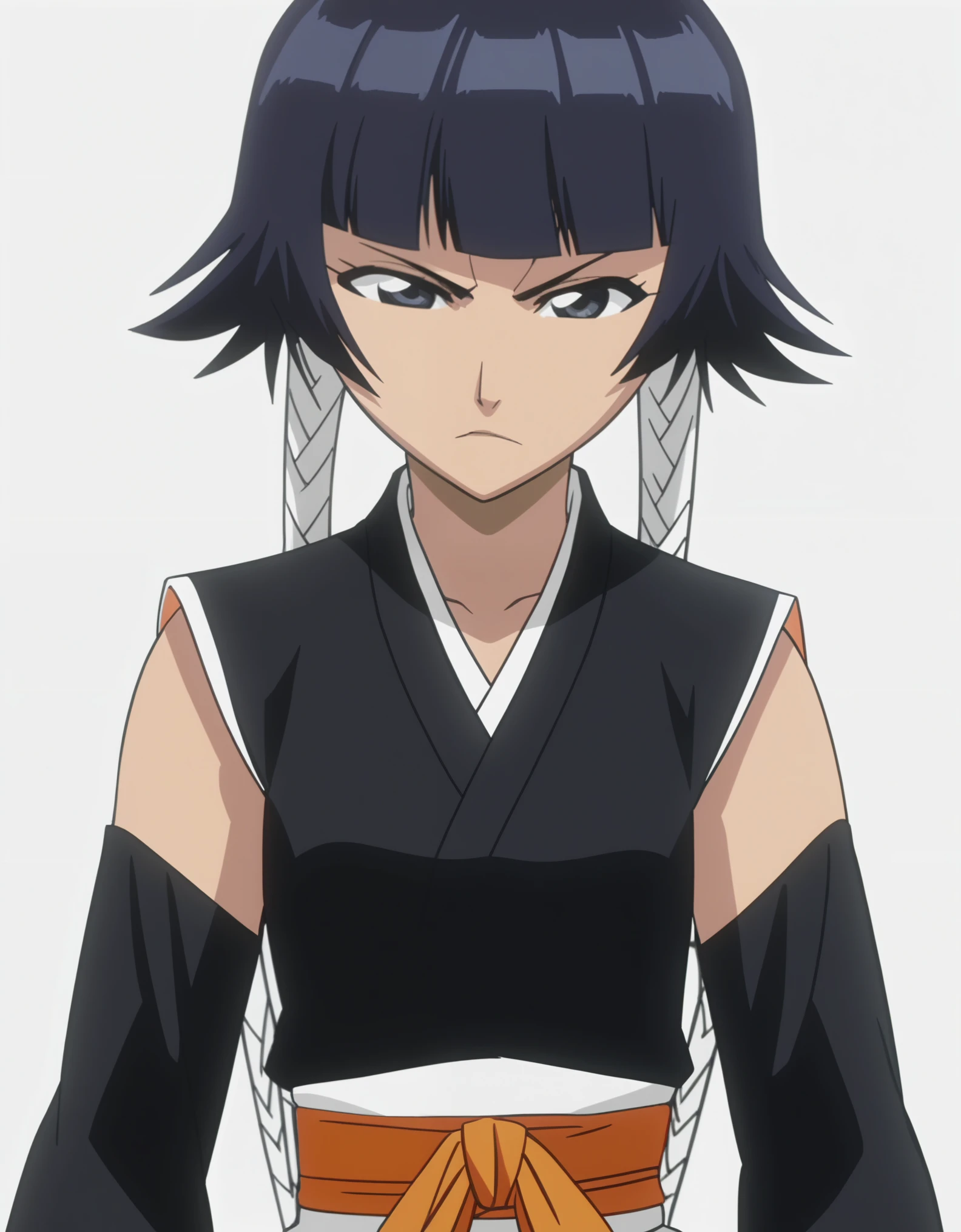 score_9, anime screencap, source_anime, Soi Fon, upper body, white background, frown
