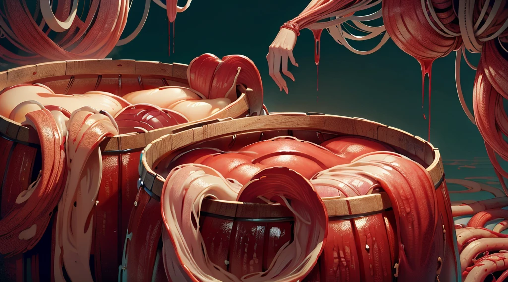 wooden barrels filled with human intestines,  ((intestines)), blood, AnatomicTech
blood vessels, ????, horror, 