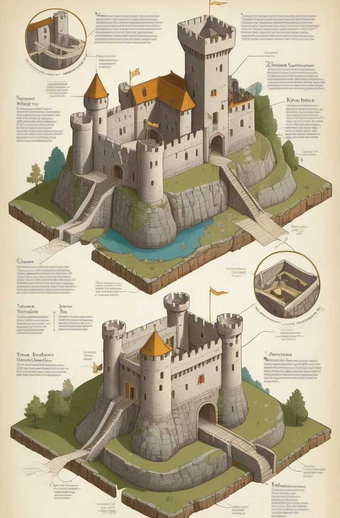 Textbook page with isometric cutaway view of medieval castle, cross-sectional view, labeled parts, detailed technical drawing, stone walls with windows, fortified towers with wooden parts, mechanical bascule bridge, water ditch, vegetation, all a color, field with bees, winged dragon,