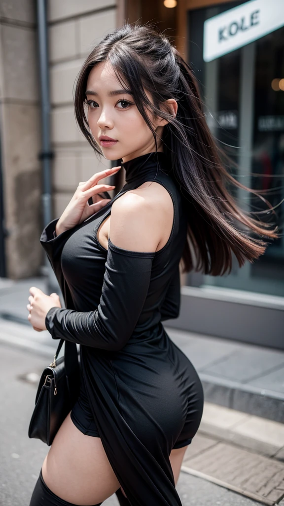 In a black dress with black leggings