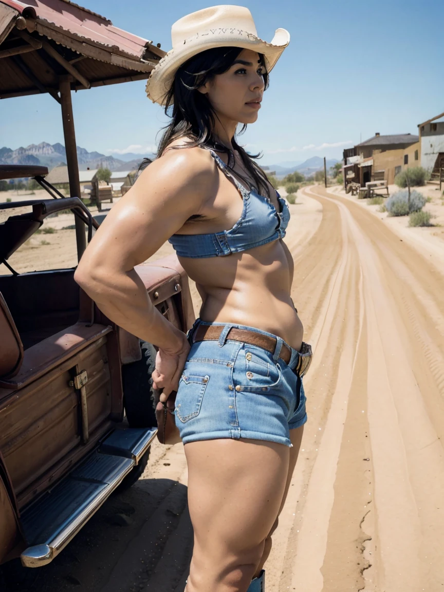 (1femboy chatting with elderly bystanders), very very very beautiful femboy, femboy-cowgirl at wild west frontier, bikini top, flat chest:1.2, denim hotpants with bulge, cowboy boots, fullbody rear-view pose, rear view, cowboy shot, surrounded by wildwest frontier town vibe, outdoor, skin glistening, sharp quality,