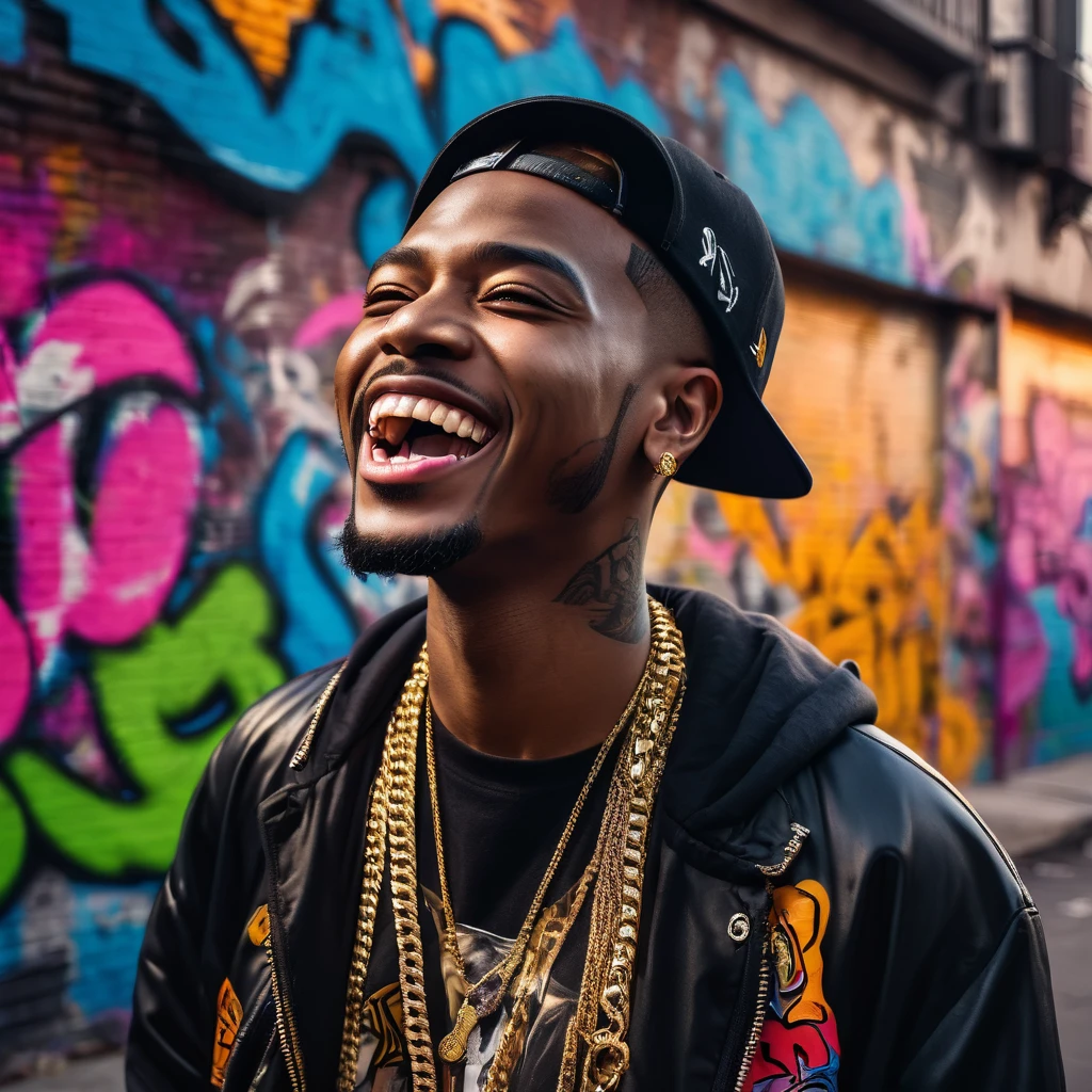 a rapper with gold teeth, urban street style, edgy, bold, confidence, charismatic, detailed face, striking features, intense expression, urban background, graffiti wall, neon lights, cinematic lighting, high contrast, vibrant colors, photorealistic, 8k, best quality, masterpiece