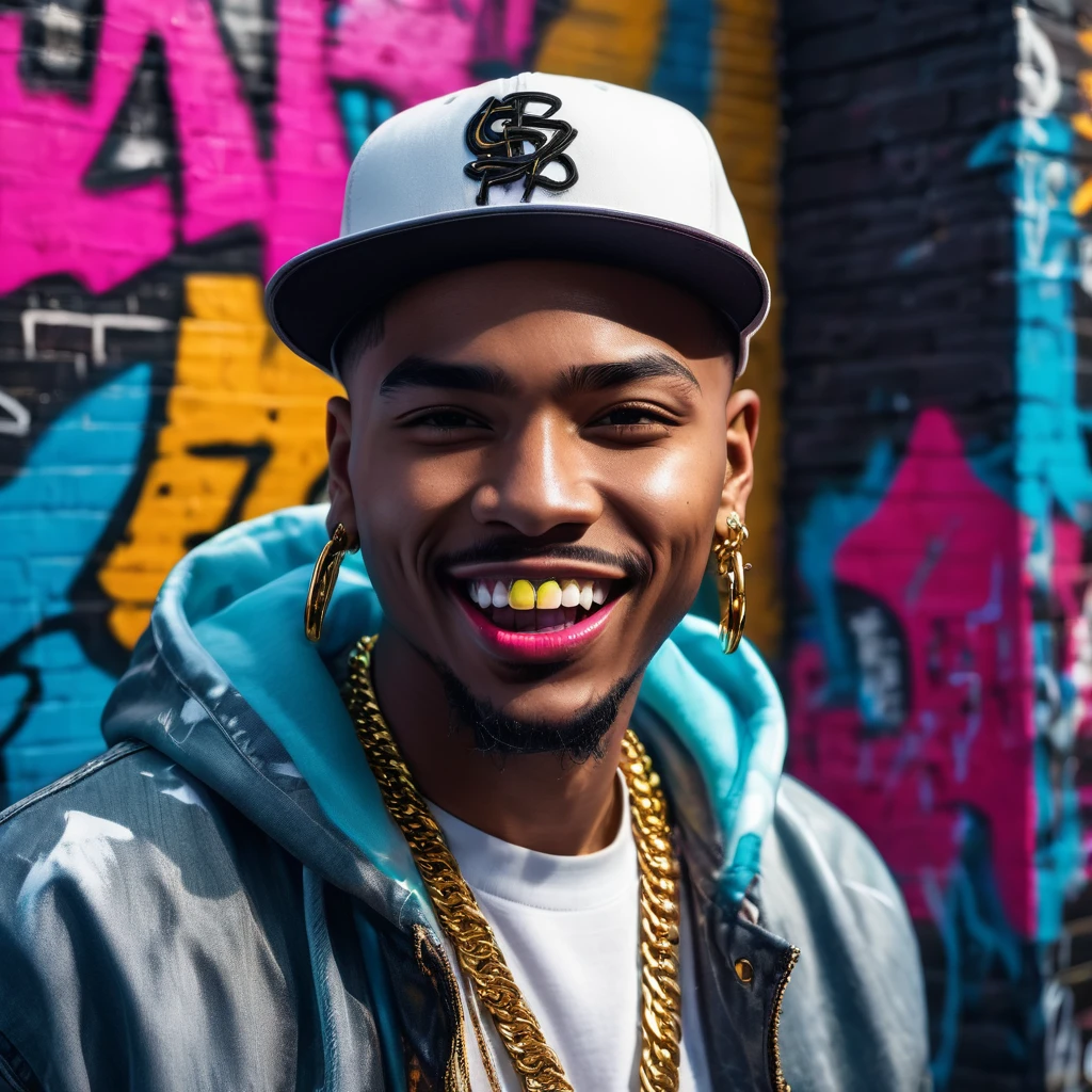 a rapper with gold teeth, urban street style, edgy, bold, confidence, charismatic, detailed face, striking features, intense expression, urban background, graffiti wall, neon lights, cinematic lighting, high contrast, vibrant colors, photorealistic, 8k, best quality, masterpiece