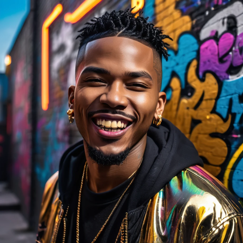 a rapper with gold teeth, urban street style, edgy, bold, confidence, charismatic, detailed face, striking features, intense expression, urban background, graffiti wall, neon lights, cinematic lighting, high contrast, vibrant colors, photorealistic, 8k, best quality, masterpiece