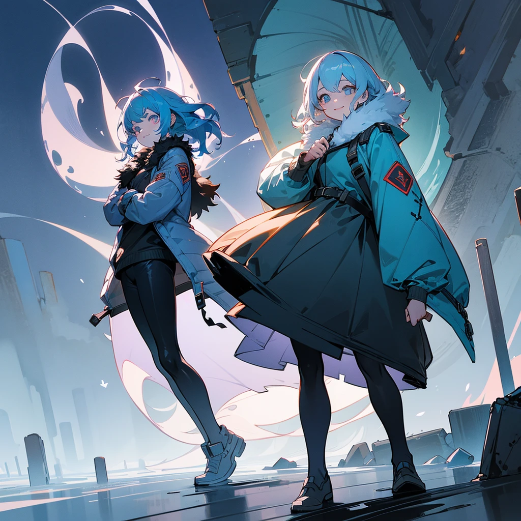 1female, adult, finely detailed ember eyes, wavy medium hair, pale blue hair, fur puffer jacket, standing on ruined building, night time, happy expression, sunglasses