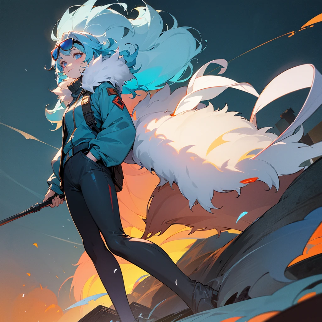 1female, adult, finely detailed ember eyes, wavy medium hair, pale blue hair, fur puffer jacket, standing on ruined building, night time, happy expression, sunglasses