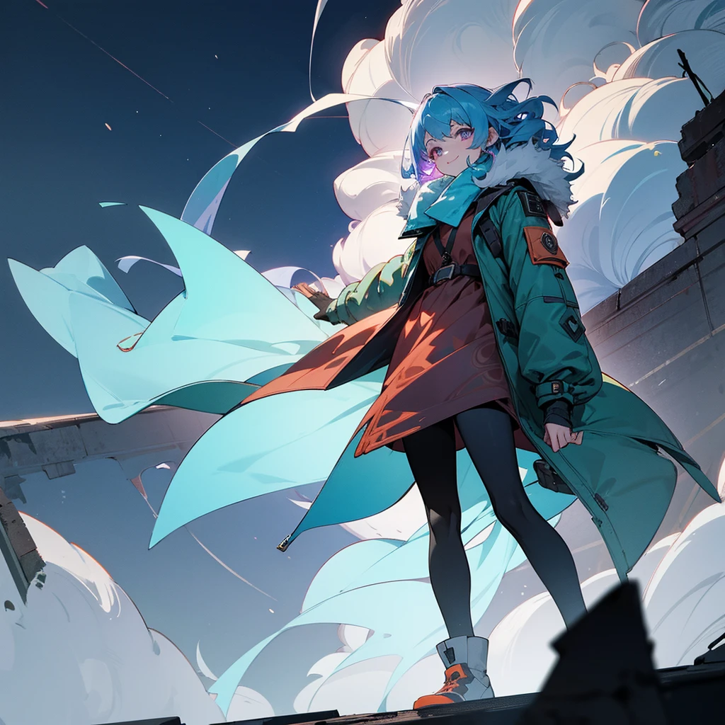 1female, adult, finely detailed ember eyes, wavy medium hair, pale blue hair, fur puffer jacket, standing on ruined building, night time, happy expression, sunglasses